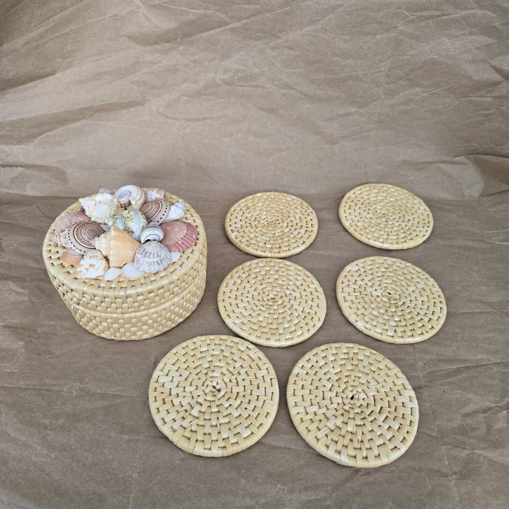 Woven Coasters (6) w/ Matching Decorative Basket Colorful Shells Beach Coastal